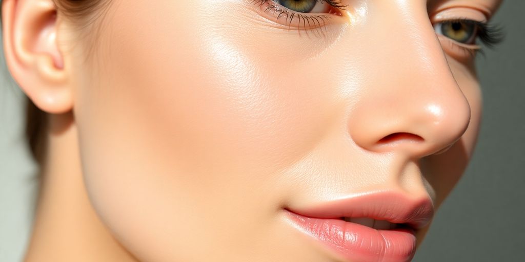 Close-up of flawless, glowing skin texture with natural light.
