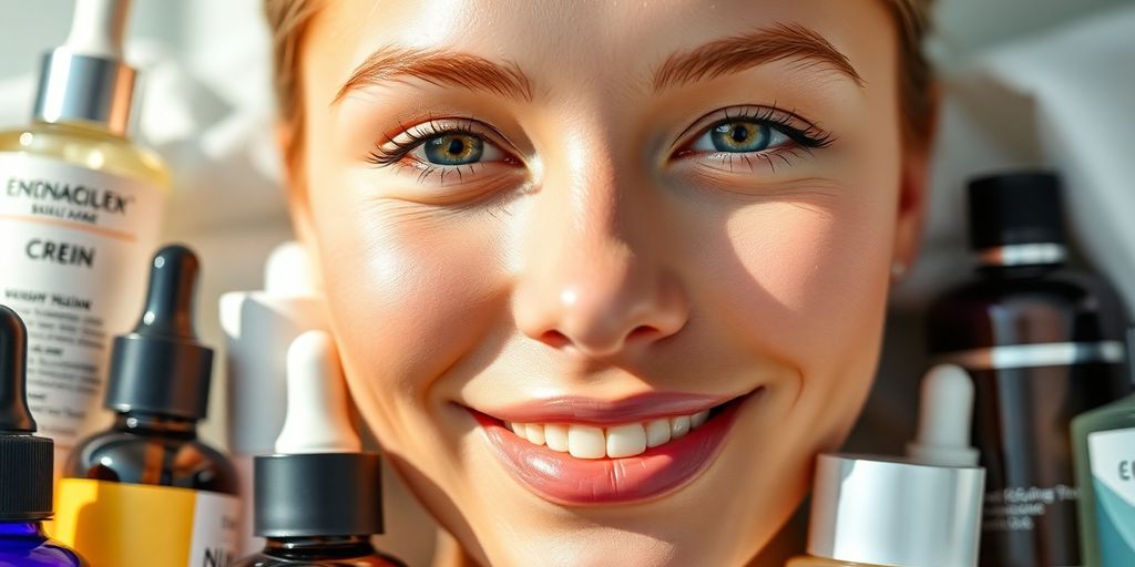 Close-up of radiant skin with skincare products around.