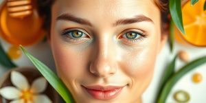 Close-up of glowing skin with natural ingredients.