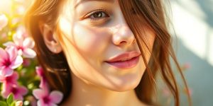 Close-up of glowing youthful skin surrounded by flowers.