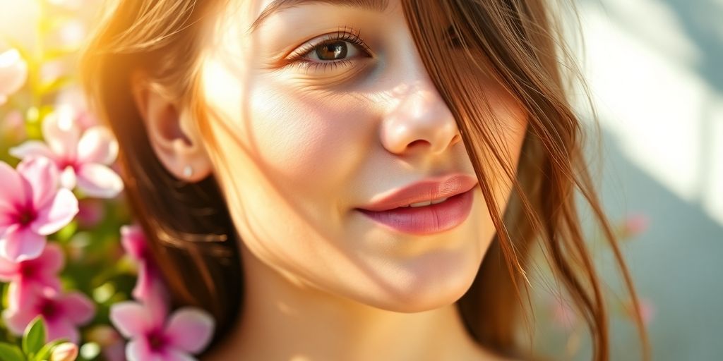 Close-up of glowing youthful skin surrounded by flowers.