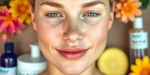 Close-up of clear skin with natural skincare products.