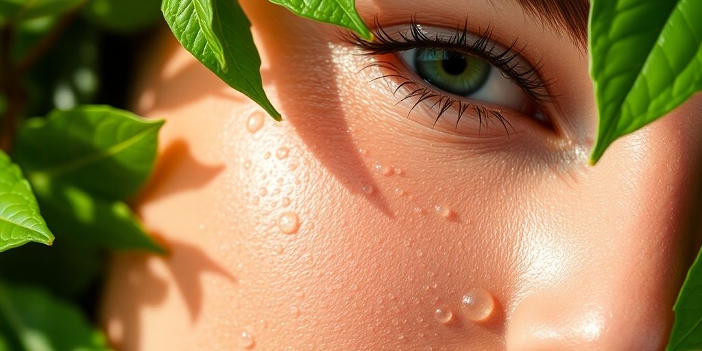 Close-up of glowing, hydrated skin with water droplets.