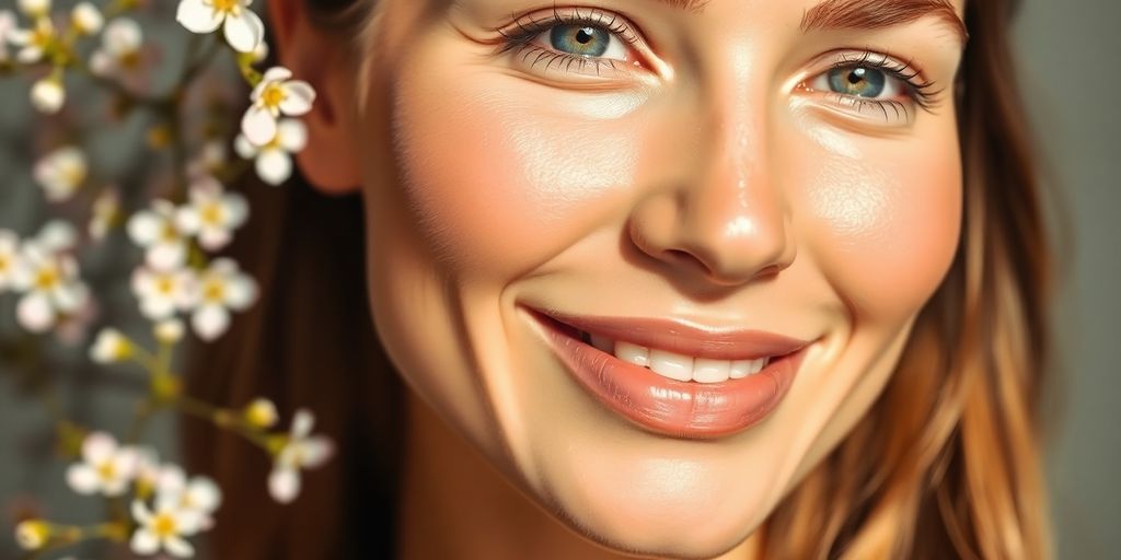 Woman with radiant skin surrounded by delicate flowers.