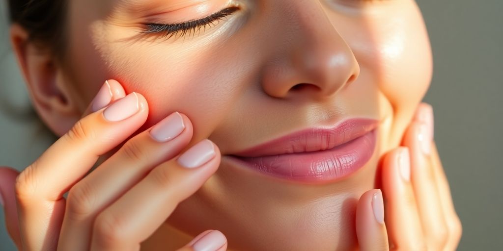 Woman applies skincare, her face illuminated with a healthy glow.