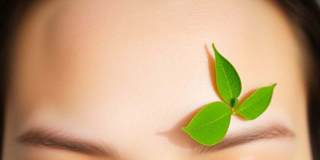 Clear forehead skin with a few green tea leaves.