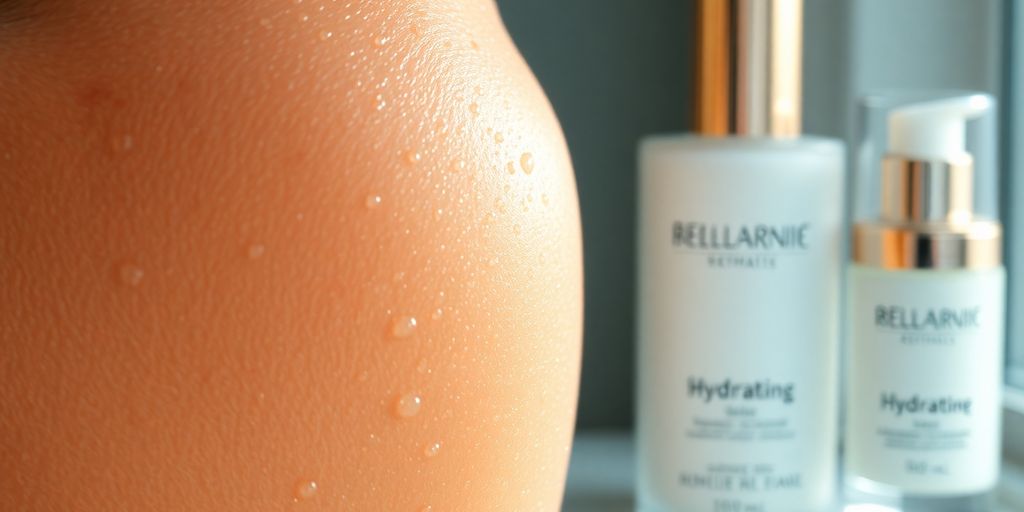 Close-up of dewy skin, hydrating products, soft light.