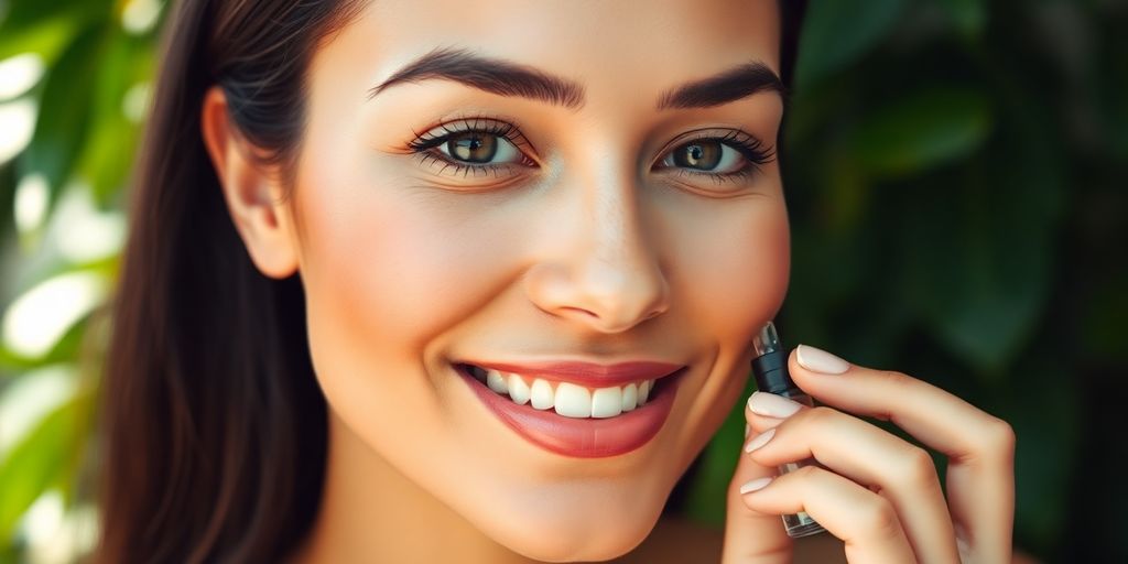 Radiant woman, smooth skin, applying serum, soft light, green leaves.