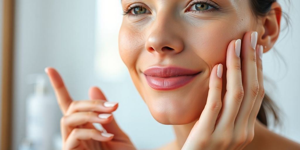 Woman applying skincare products for glowing skin.