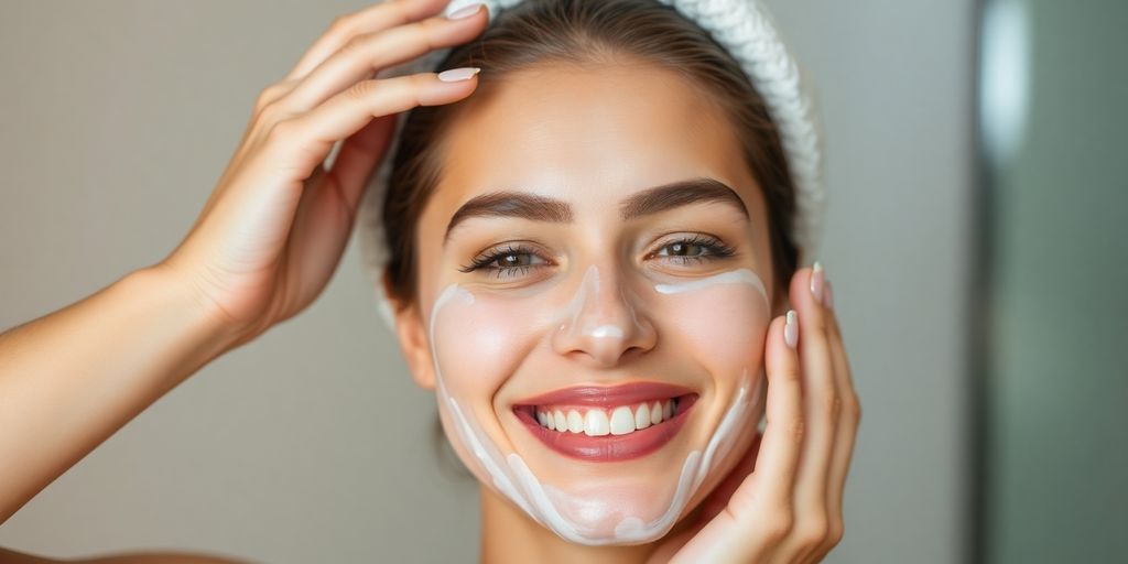 Woman with glowing skin applying a face mask.