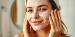 A woman applying a natural mask to her radiant face.