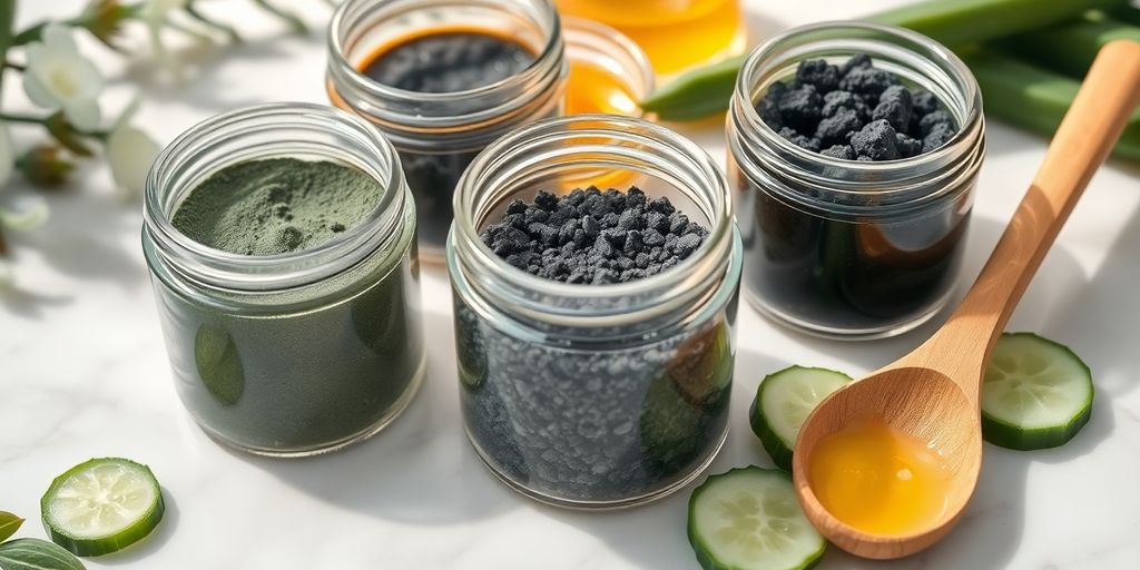 Jars of natural skincare ingredients on marble with wooden spoon.