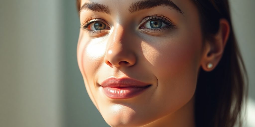 Smooth skin, glowing complexion, natural light.
