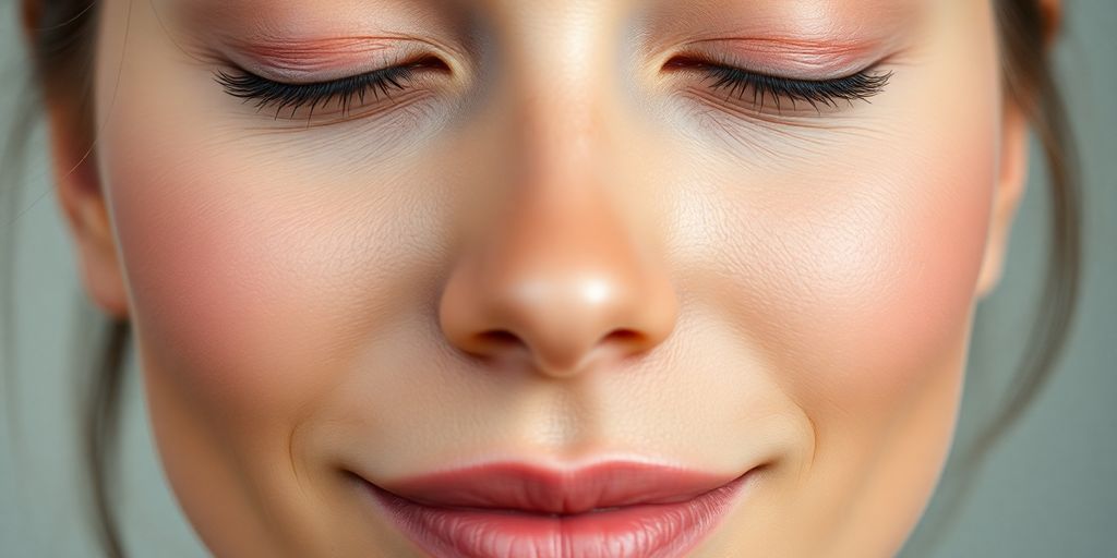 A woman's face with glowing, clear skin.