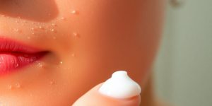Glowing skin, moisturizer, water droplets, soft light.
