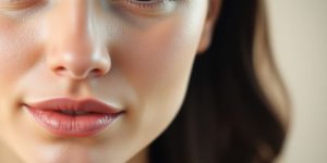 Radiant woman's face, clear skin, natural light.