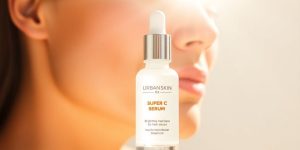 Urban Skin Rx Super C serum bottle with glowing skin.