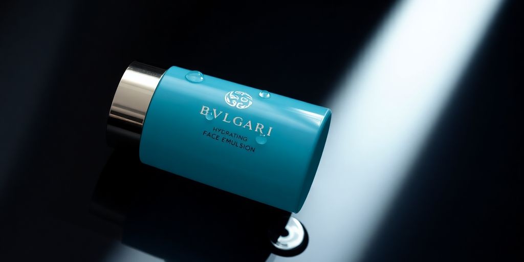 Bvlgari hydrating face emulsion bottle with water droplets.