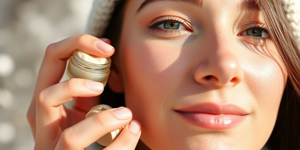 Woman applying natural moisturizer to a dry face.