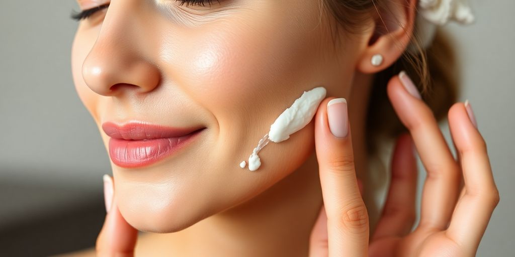 Woman applying face mask for glowing skin.