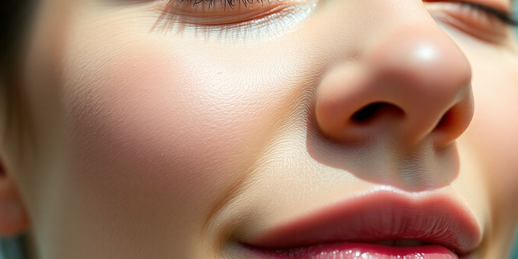 Dewy, hydrated face skin with a radiant glow.