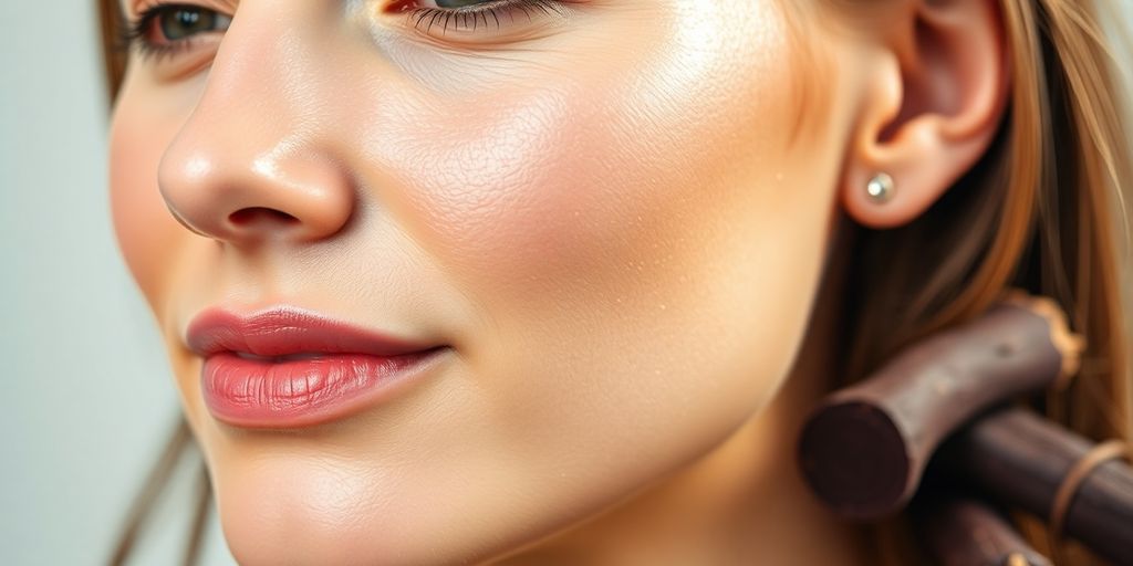 A woman's face with radiant skin, touched by licorice root.
