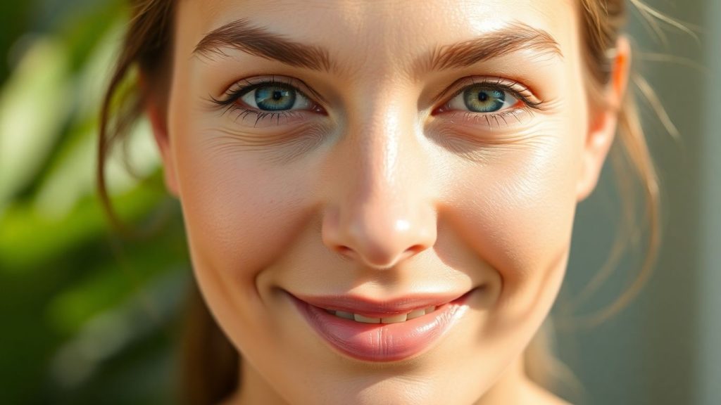 Woman with clear, glowing skin in natural light.