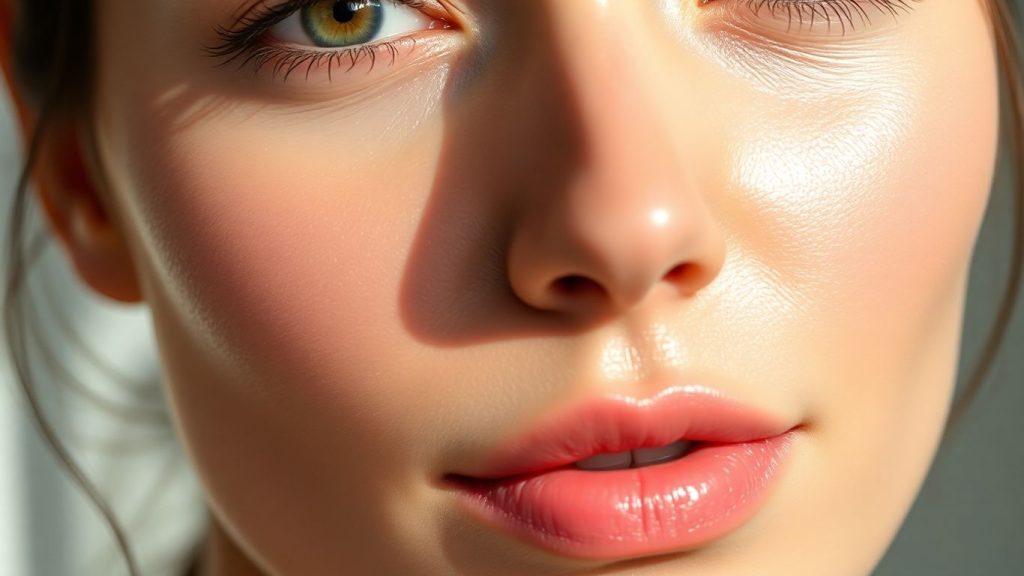 Woman with glowing, dewy skin illuminated by soft light.