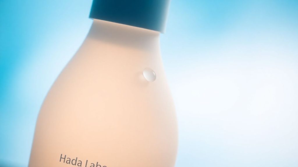 Hada Labo Hydrating Milk bottle with water droplets.