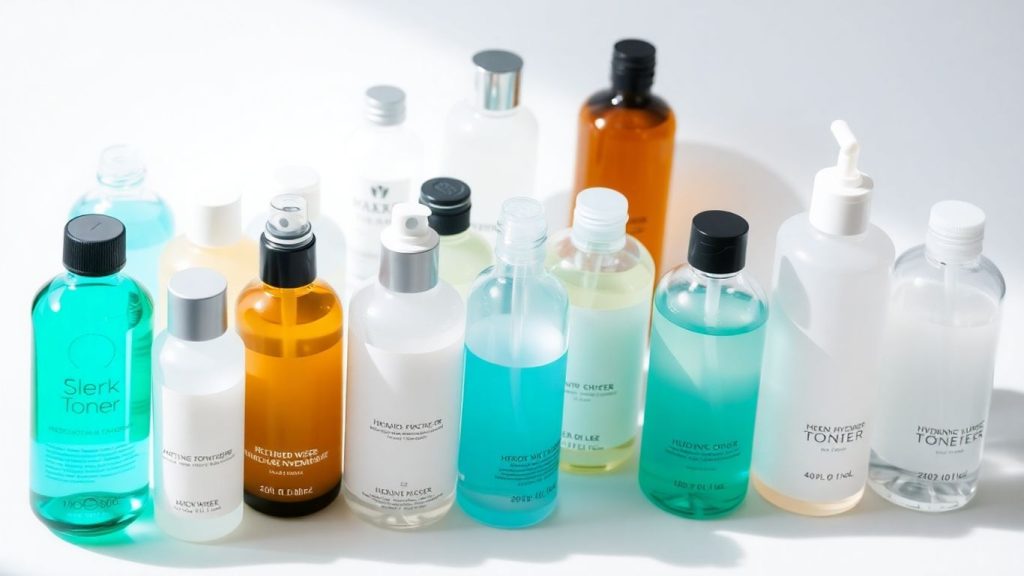 Assortment of hydrating toner bottles on a white background.
