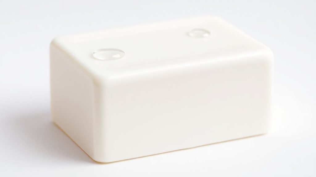 Smooth white cleansing bar with water droplets.