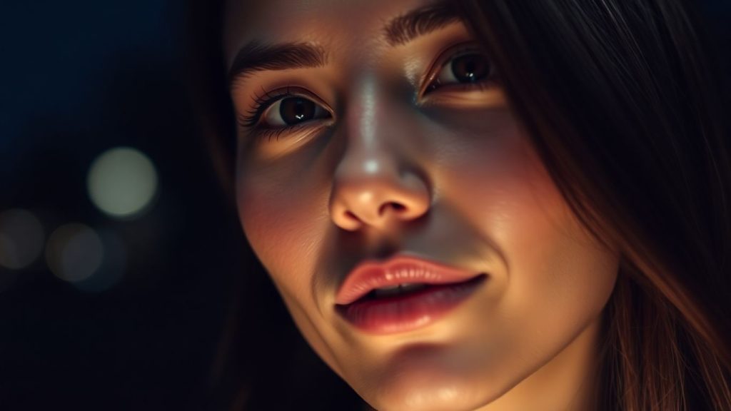Woman's face with even, glowing skin at night.
