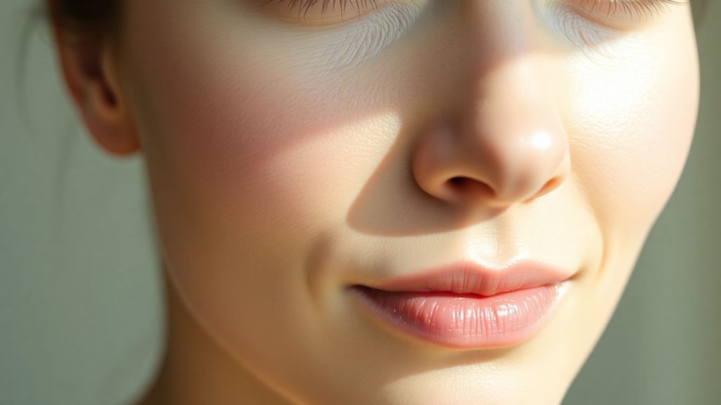 Woman with bright, clear skin illuminated by soft light.