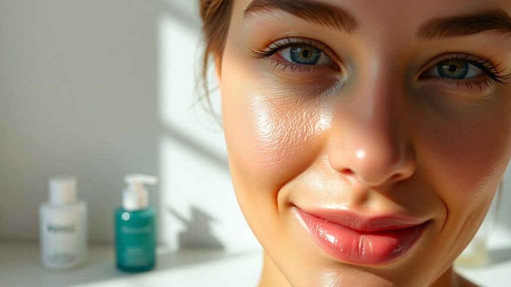 Woman with radiant skin and skincare products.