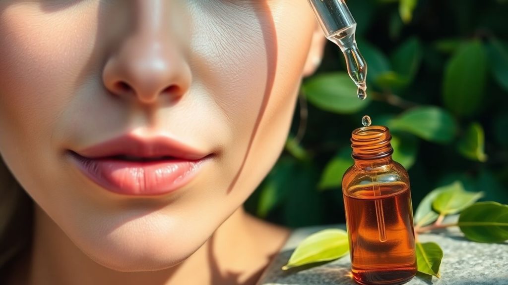 Woman applies clear serum with dropper beside amber bottle, leaves.