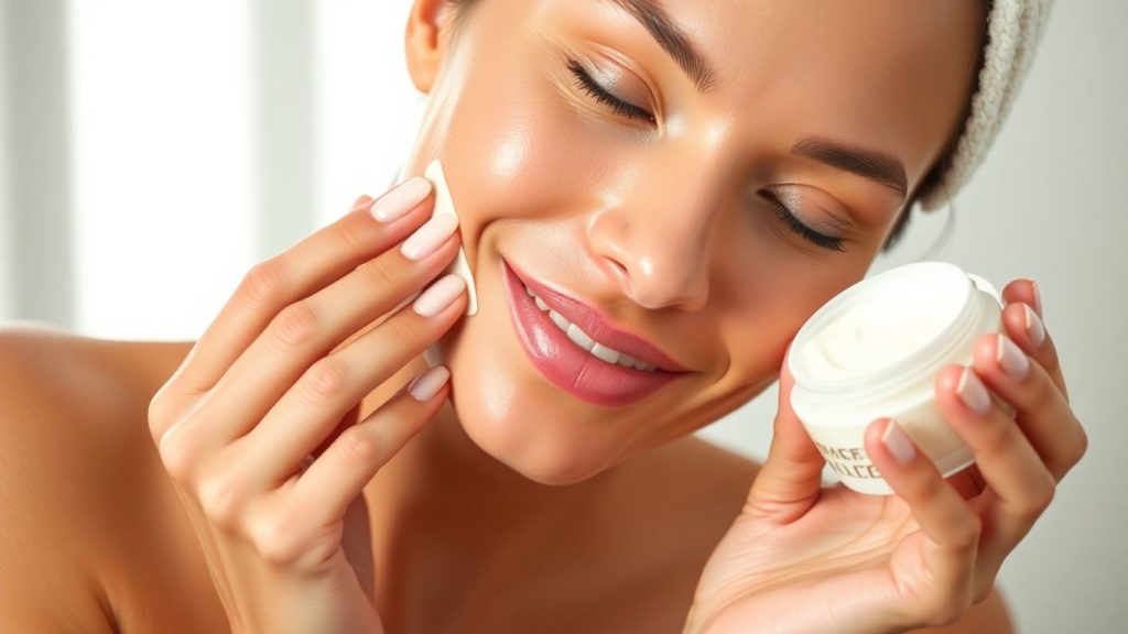 Woman applying hydrating overnight face mask