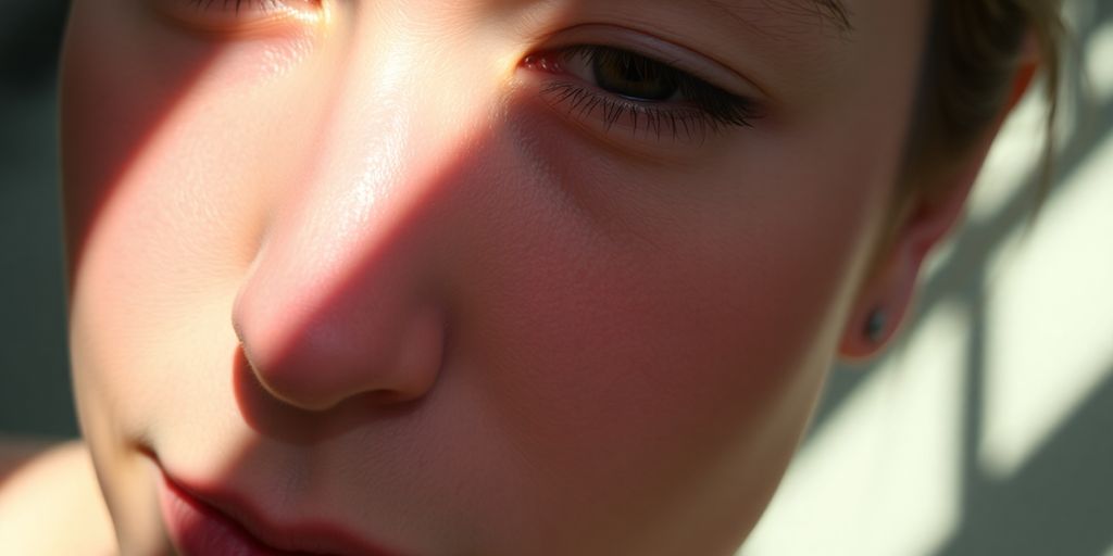 Person's face with uneven skin tone, close-up view.