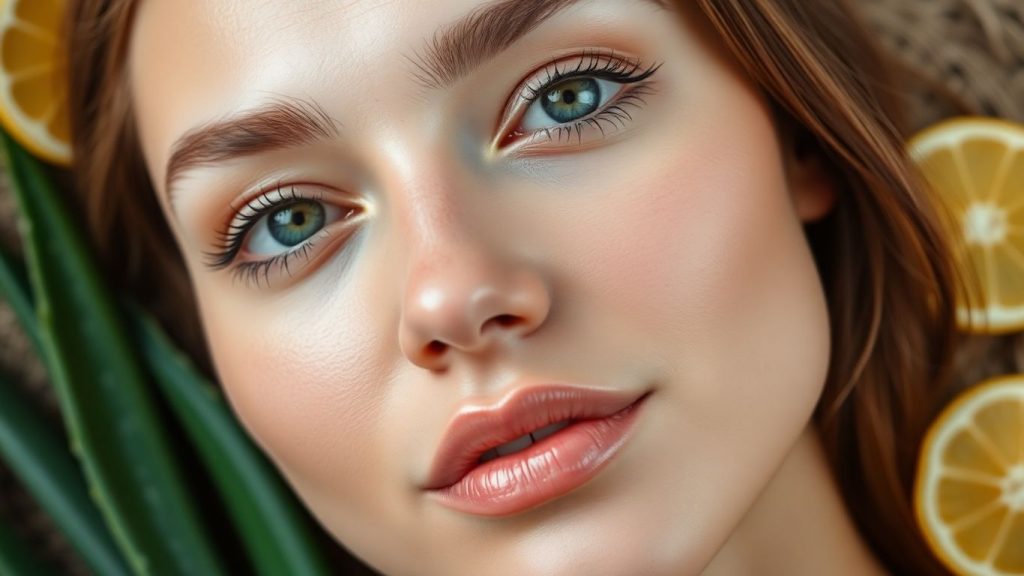 Woman's face with clear skin and natural remedies.