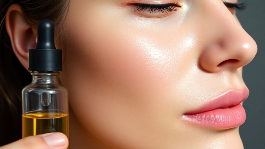 Woman with hydrated skin and facial oil bottle.